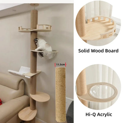 Arbre à chat ajustable du sol au plafond avec condo multi-niveaux, griffoir et hamac, best seller
