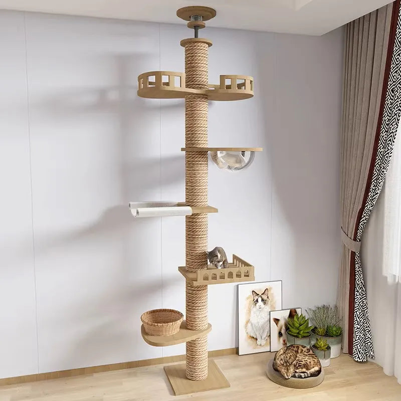 Arbre à chat ajustable du sol au plafond avec condo multi-niveaux, griffoir et hamac, best seller