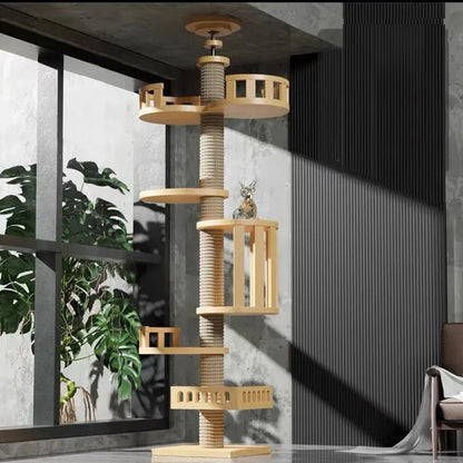Arbre à chat ajustable du sol au plafond avec condo multi-niveaux, griffoir et hamac, best seller