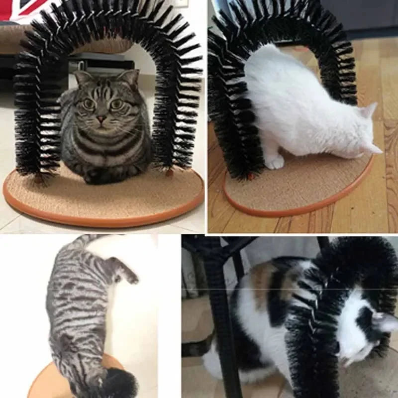 Jouet de toilettage auto-grooming pour chat avec arche de massage et tapis à gratter