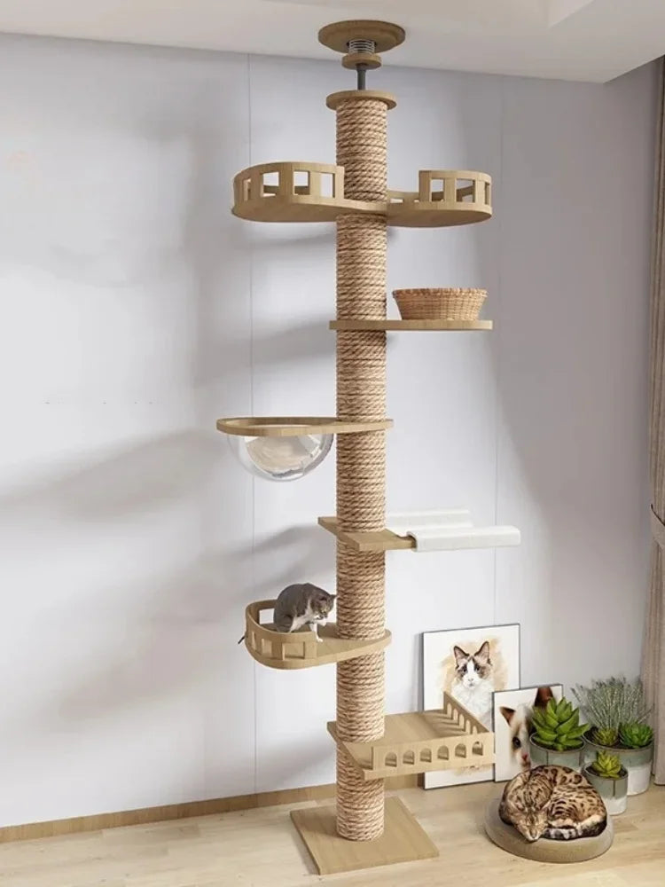 Arbre à chat ajustable du sol au plafond avec condo multi-niveaux, griffoir et hamac, best seller