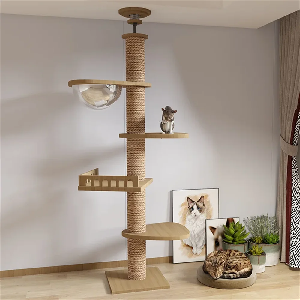 Arbre à chat ajustable du sol au plafond avec condo multi-niveaux, griffoir et hamac, best seller