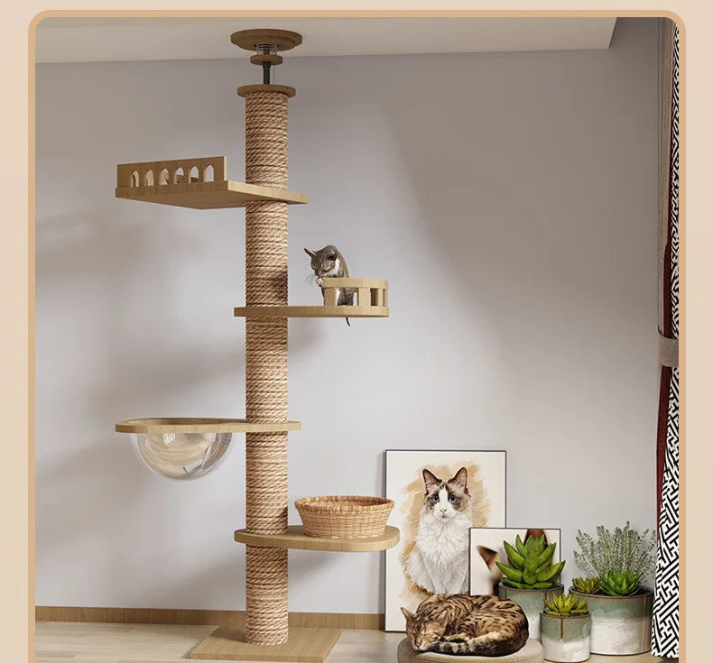 Arbre à chat ajustable du sol au plafond avec condo multi-niveaux, griffoir et hamac, best seller