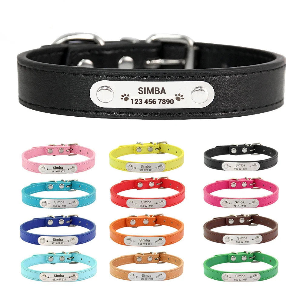Collier de chien personnalisé avec nom sculpté, ID, Anti-perte, solide, en cuir PU, pour petits, moyens et grands chiens, chiot, chat