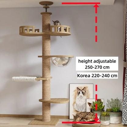 Arbre à chat ajustable du sol au plafond avec condo multi-niveaux, griffoir et hamac, best seller