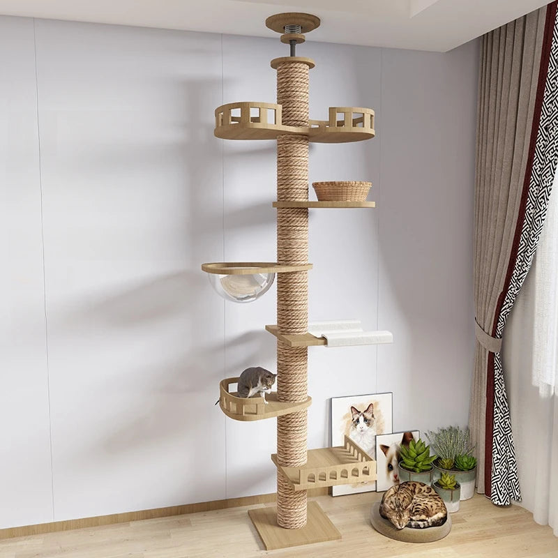 Arbre à chat ajustable du sol au plafond avec condo multi-niveaux, griffoir et hamac, best seller